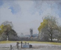 Lot 500 - John Haydn Jones, Wybunbury Church across the Fields, watercolour.