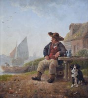 Lot 533 - L. de Koningh, Seated man and dog, oil.