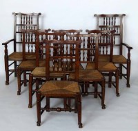 Lot 592 - Harlequin set of eight Lancashire spindle back dining chairs