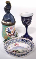 Lot 121 - Enamel basket; an inkpot; a cup