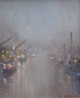 Lot 473 - Reg Gardner, Morning Mist on the Canal, Trafford Park, oil.