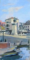 Lot 531 - Ken Howard, Campo Santi Giovanni e Paolo, Venice with the statue of Bartolomeo Colleoni, oil.