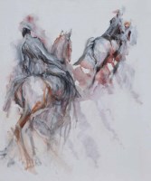 Lot 543 - Dorothy Bradford, Horses and Riders - Off Away, mixed media.