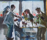 Lot 550 - Sue Atkinson, Figures in an interior, watercolour.