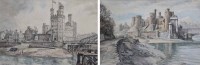 Lot 552 - Dennis Flanders, Caernarfon Castle and Conwy Castle, watercolour (2).