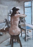 Lot 559 - Bohuslav Barlow, Nude in Studio, ink and watercolour.