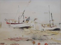 Lot 564 - John Knapp-Fisher, Fishing Boats with Figure - Aldeburgh, watercolour and ink.