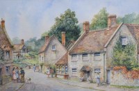Lot 571 - W. Huntington, 20th century, Village scene with figures, watercolour.