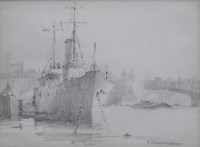 Lot 592 - Trevor Chamberlain, H.M.S. Chrysanthemum moored on the Thames, pencil.