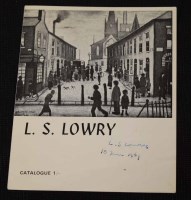 Lot 600 - A very rare small four page catalogue from an exhibition held in honour of L.S. Lowry and signed by the artist.