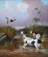 Lot 637 - Colin Graeme Roe, Spaniels flushing out a mallard, oil.