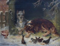 Lot 642 - Edwin F. Holt, Dogs in a kennel, oil on canvas.