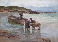 Lot 652 - William H. Bartlett, Figures and boat, Connemara, oil.