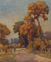 Lot 656 - Samuel Warburton, Rural lane with figure, watercolour.
