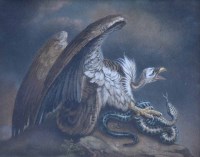 Lot 669 - Benjamin Zobel, Serpent and vulture, gouache with sand on paper.