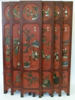 Lot 728 - Oriental six fold red lacquered panel screen
