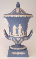 Lot 154 - Wedgwood Jasper twin handled vase.