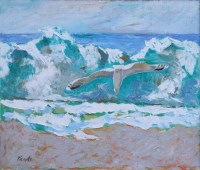 Lot 394 - John Pawle, Seagull over waves, oil.