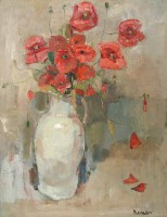 Lot 404 - Marcel Kenes, Still life of poppies in a vase, oil.