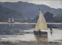 Lot 417 - Millicent Ayrton, Coastal scene with figures and boats, oil.