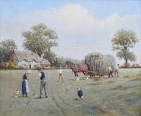 Lot 424 - R.R. Simm, Harvesting scene, oil.