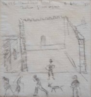 Lot 480 - L.S. Lowry, The Old Handball Court, Nelson, Glamorgan, drawing on a napkin.
