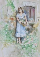 Lot 485 - Gordon King, Girl with basket of flowers, watercolour.