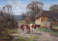 Lot 512 - Charles James Adams, Cattle on a country lane, oil.
