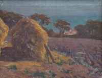 Lot 526 - Circle of Frank Gascoigne Heath, Haystacks overlooking the sea, oil.