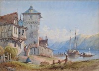 Lot 539 - George Earp, Continental lake scene with figures and various boats, watercolour.