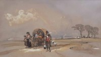 Lot 542 - G.B. Campion, Gypsies on the Road, black crayon and watercolour.