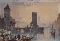 Lot 545 - Continental School, 19th century, Townscape with figures and boats on a busy canal, watercolour.