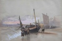 Lot 546 - G.B. Campion, Fishermen on the shore, black crayon and watercolour.