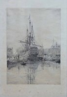 Lot 553 - W.L. Wyllie, H.M.S. Victory at Portsmouth, signed etching.