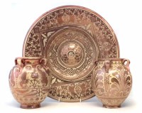 Lot 75 - Hispano Moresque charger and two vases  painted