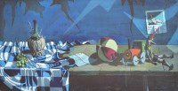 Lot 283 - Francis Wainwright, Still life with Pinocchio and toy train, acrylic.