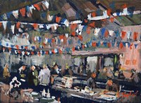 Lot 298 - F.J. England, Trestle Market, Full Flow, Leek, acrylic on board.