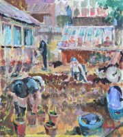 Lot 300 - F.J. England, Aren't the Gentlemen Helpful - Allotment Girls, acrylic on board.