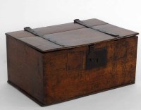 Lot 456 - 18th century oak box with metal straps and fitted drawers inside.