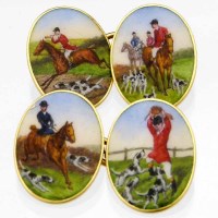 Lot 236 - Pair of 18ct gold enamel hunting cufflinks.