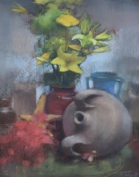 Lot 340 - Bohuslav Barlow, Jug and Flowers, pastel.