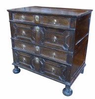 Lot 511 - 17th century Jacobean design oak boarded chest