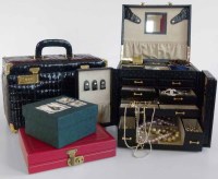 Lot 469 - Black leather Tuscan design jewellery box containing costume and designer jewellery, Dior compact, Barbara Bui leopard fob.