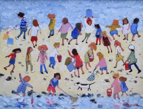 516 - Sue Atkinson, Beach Party, Runswick Bay, oil.