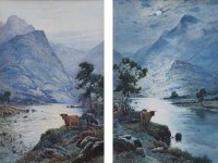 Lot 639 - Alfred de Breanski Jnr., Early Morning near the Loch and Moonlight Midst Peaks and Lakes, watercolour (2).