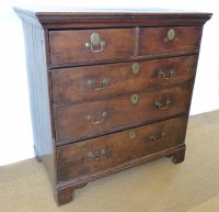 Lot 730 - 18th century oak chest of two short and three long graduated drawers