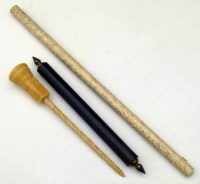Lot 17 - Three items including whale bone rule and Victorian ebonite rule, marine bone fid.