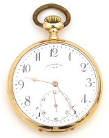 Lot 415 - Swiss 14k gold open faced pocket watch.