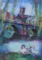 Lot 444 - Bohuslav Barlow, Two Swans at the Bridge, mixed media.