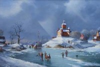 Lot 452 - Michael Matthews, Winter landscape with figures, oil.
